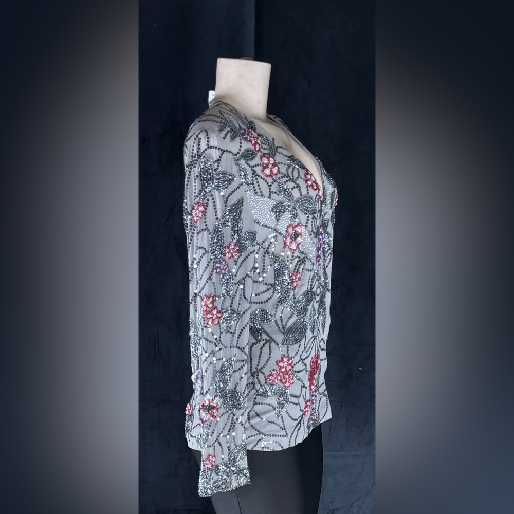 Embellished Floral V-Neck Jacket - Gray with Pink & Purple Accents - Picture 3 of 5